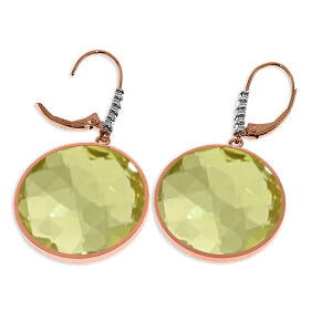 14K Solid Rose Gold Diamonds Leverback Earrings w/ Checkerboard Cut Lemon Quartz