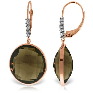 14K Solid Rose Gold Diamonds Leverback Earrings w/ Checkerboard Cut Smoky Quartz