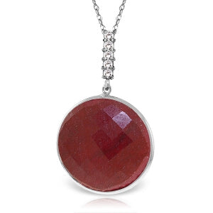 14K Solid White Gold Necklace w/ Diamonds & Checkerboard Cut Dyed Round Ruby