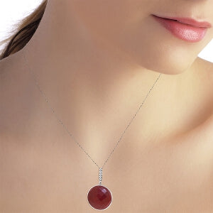 14K Solid White Gold Necklace w/ Diamonds & Checkerboard Cut Dyed Round Ruby