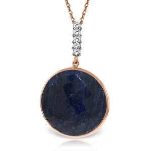 14K Solid Rose Gold Necklace w/ Diamonds & Checkerboard Cut Dyed Round Sapphire