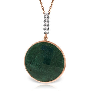 14K Solid Rose Gold Necklace w/ Diamonds & Checkerboard Emerald Color Cut Corundum