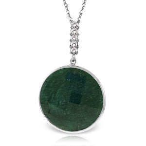 14K Solid White Gold Necklace w/ Diamonds & Checkerboard Emerald Color Cut Corundum