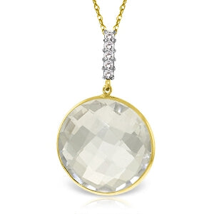 14K Solid Yellow Gold Necklace w/ Diamonds & Checkerboard Cut White Topaz