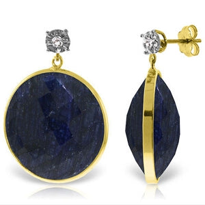 14K Solid Yellow Gold Diamonds Stud Earrings w/ Dangling Checkerboard Cut Sapphires