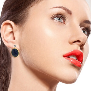 14K Solid Yellow Gold Diamonds Stud Earrings w/ Dangling Checkerboard Cut Sapphires