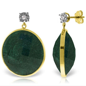 14K Solid Yellow Gold Diamonds Stud Earrings w/ Dangling Round Emerald Color Corundum