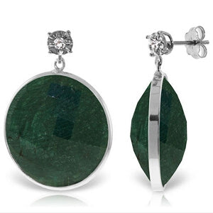 14K Solid White Gold Diamonds Stud Earrings w/ Dangling Round Emerald Color Corundum