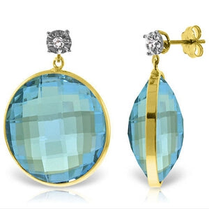 14K Solid Yellow Gold Diamonds Stud Earrings w/ Dangling Checkerboard Cut Round Blue Topaz