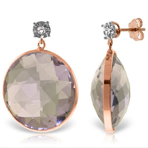 14K Solid Rose Gold Diamonds Stud Earrings w/ Dangling Checkerboard Cut Round Amethysts