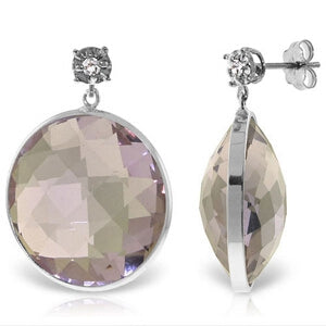14K Solid White Gold Diamonds Stud Earrings w/ Dangling Checkerboard Cut Round Amethysts