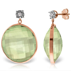 14K Solid Rose Gold Diamonds Stud Earrings w/ Dangling Checkerboard Cut Green Amethysts