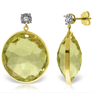 14K Solid Yellow Gold Diamonds Stud Earrings w/ Dangling Checkerboard Cut Lemon Quartz