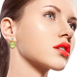 14K Solid Yellow Gold Diamonds Stud Earrings w/ Dangling Checkerboard Cut Lemon Quartz