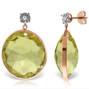 14K Solid Rose Gold Diamonds Stud Earrings w/ Dangling Checkerboard Cut Lemon Quartz