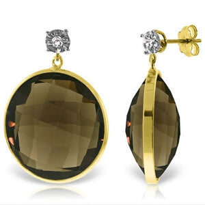 14K Solid Yellow Gold Diamonds Stud Earrings w/ Dangling Checkerboard Cut Smoky Quartz