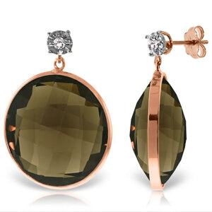 14K Solid Rose Gold Diamonds Stud Earrings w/ Dangling Checkerboard Cut Smoky Quartz