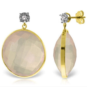 14K Solid Yellow Gold Diamonds Stud Earrings w/ Dangling Checkerboard Cut Rose Quartz