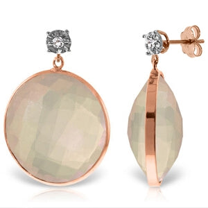 14K Solid Rose Gold Diamonds Stud Earrings w/ Dangling Checkerboard Cut Rose Quartz