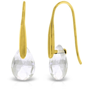 14K Solid Yellow Gold Fish Hook Earrings w/ Dangling Briolette White Topaz
