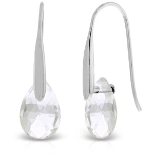14K Solid White Gold Fish Hook Earrings w/ Dangling Briolette White Topaz