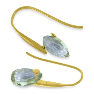 14K Solid Yellow Gold Fish Hook Earrings w/ Dangling Briolette Green Amethysts