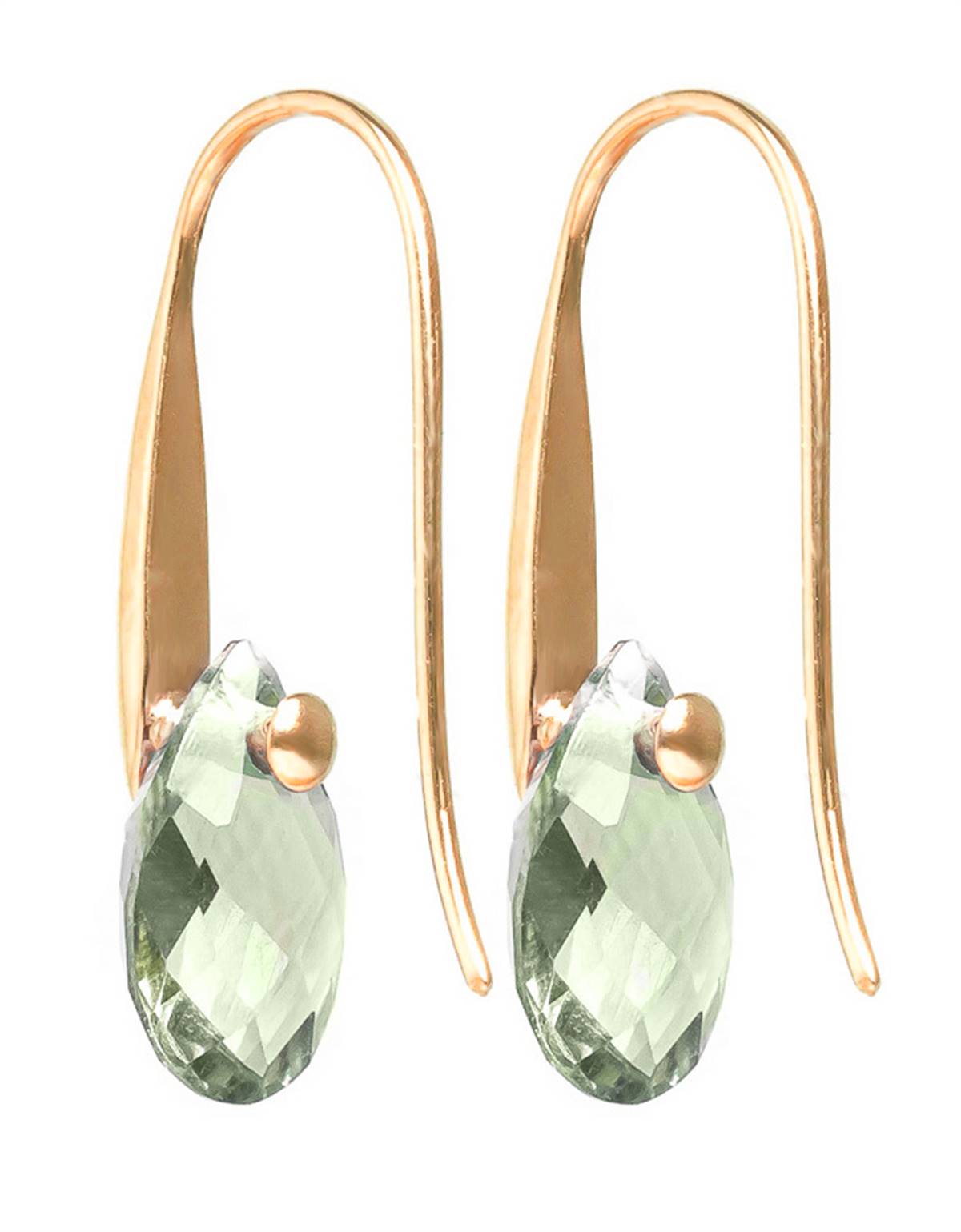 14K Solid Rose Gold Fish Hook Earrings w/ Dangling Briolette Green Amethysts
