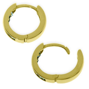 14K Solid Yellow Gold Hoop Huggie Earrings w/ Green Sapphires