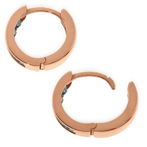 14K Solid Rose Gold Hoop Huggie Earrings w/ Blue Topaz