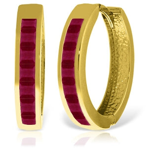 14K Solid Yellow Gold Hoop Huggie Earrings w/ Rubies