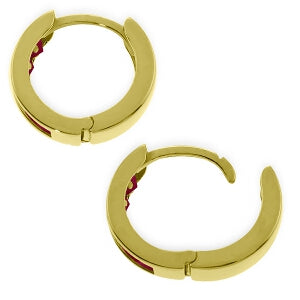 14K Solid Yellow Gold Hoop Huggie Earrings w/ Rubies