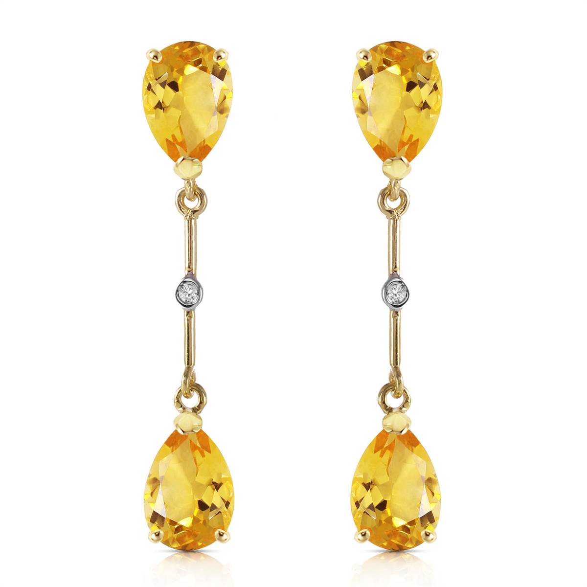 14K Solid Yellow Gold Diamonds & Citrines Dangling Earrings