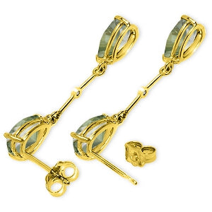 14K Solid Yellow Gold Diamonds & Green Amethysts Dangling Earrings
