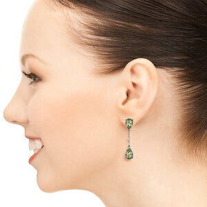14K Solid White Gold Diamonds & Green Amethysts Dangling Earrings