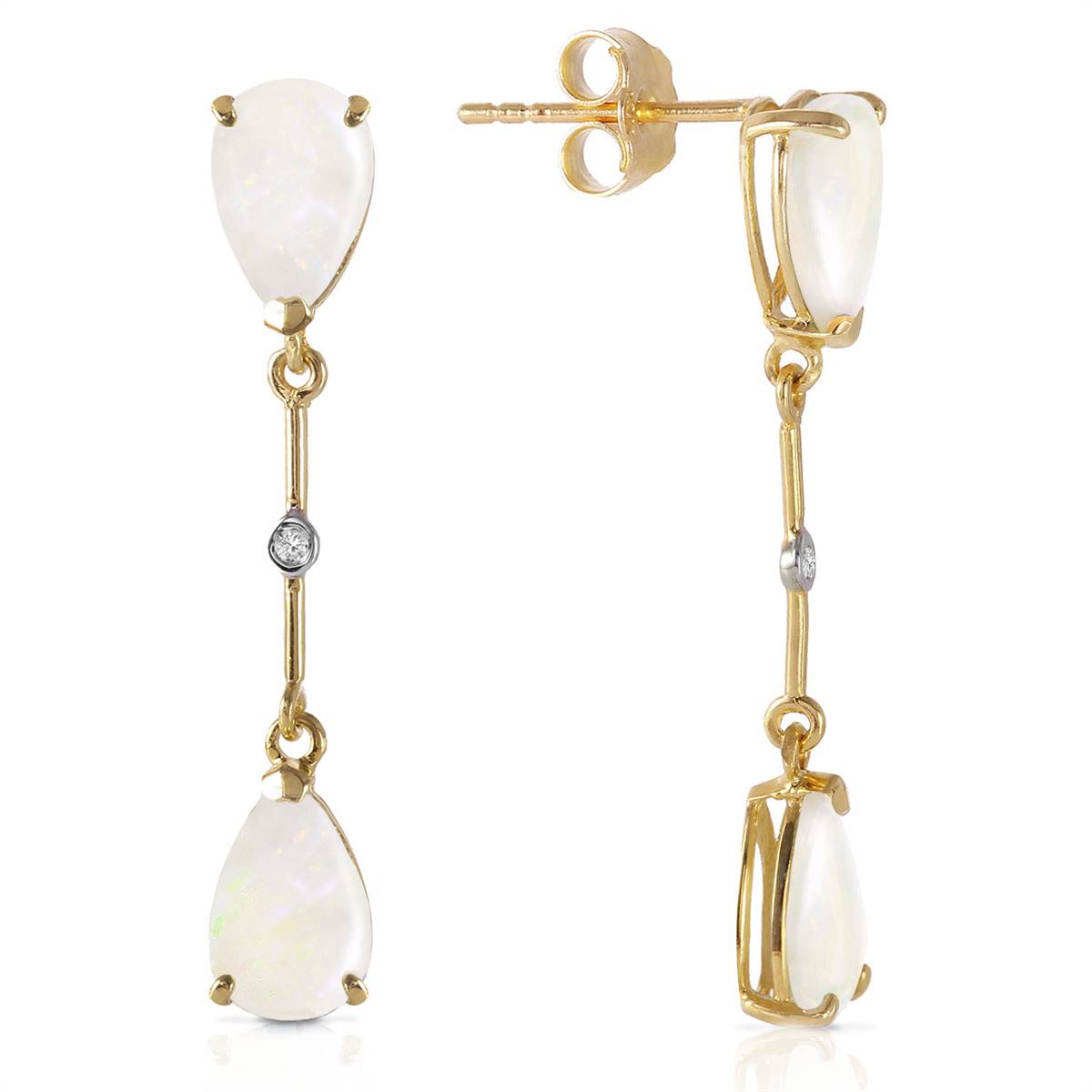 14K Solid Yellow Gold Diamonds & Opals Dangling Earrings