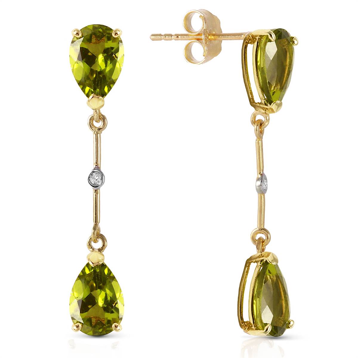 14K Solid Yellow Gold Diamonds & Peridots Dangling Earrings