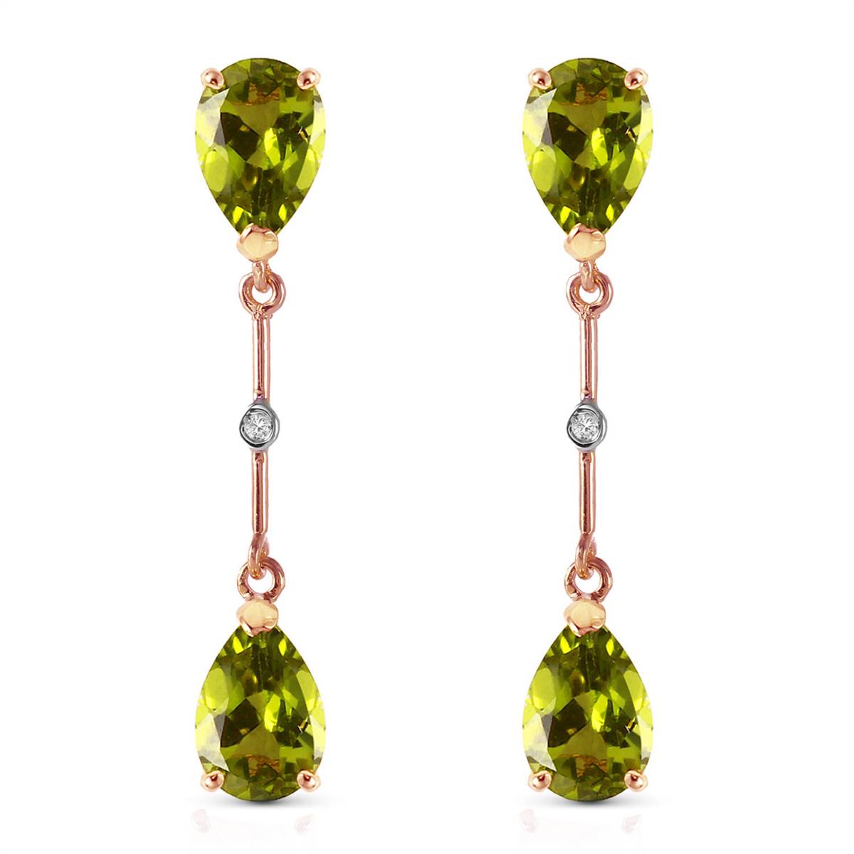 14K Solid Rose Gold Diamonds & Peridots Dangling Earrings