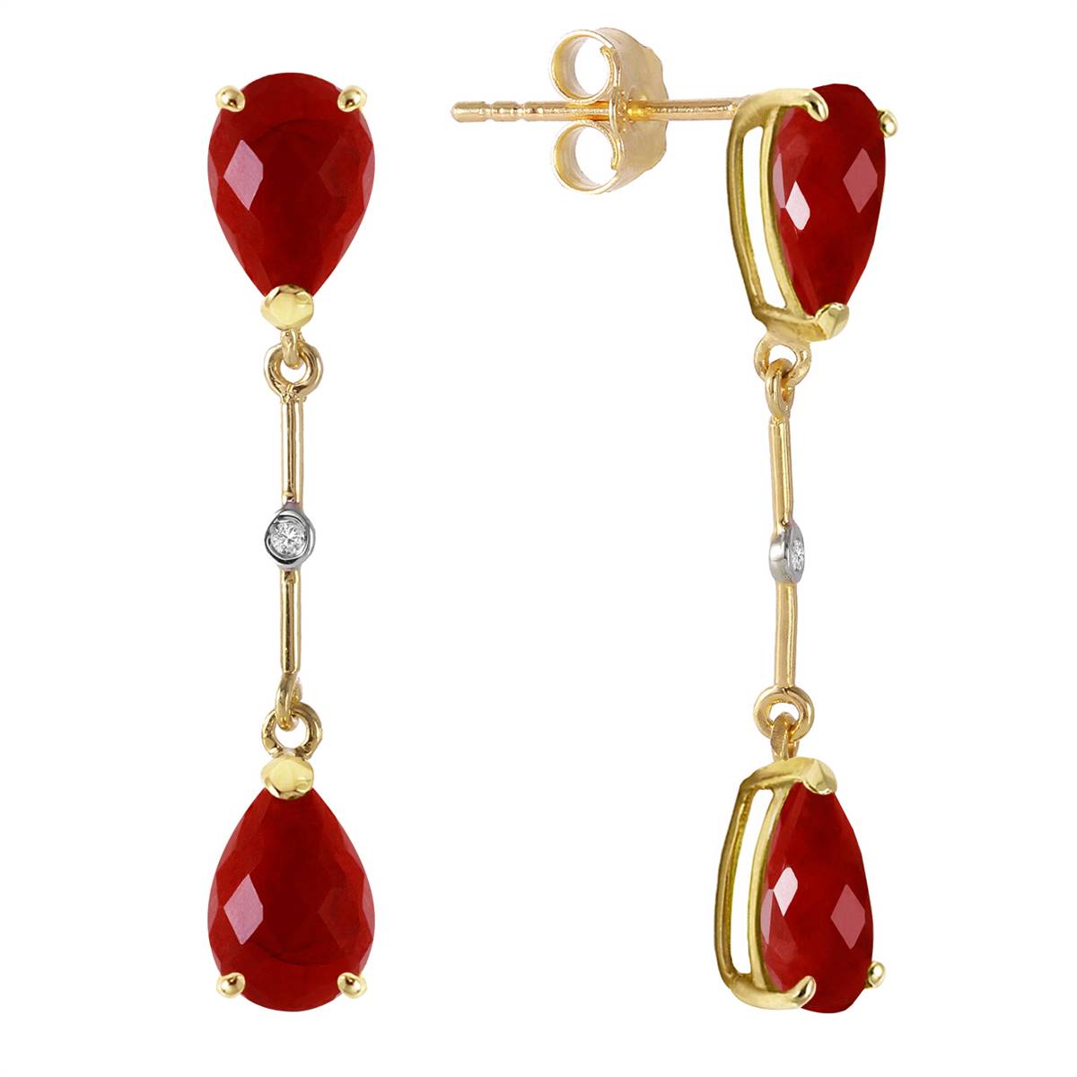 14K Solid Yellow Gold Diamonds & Rubies Dangling Earrings
