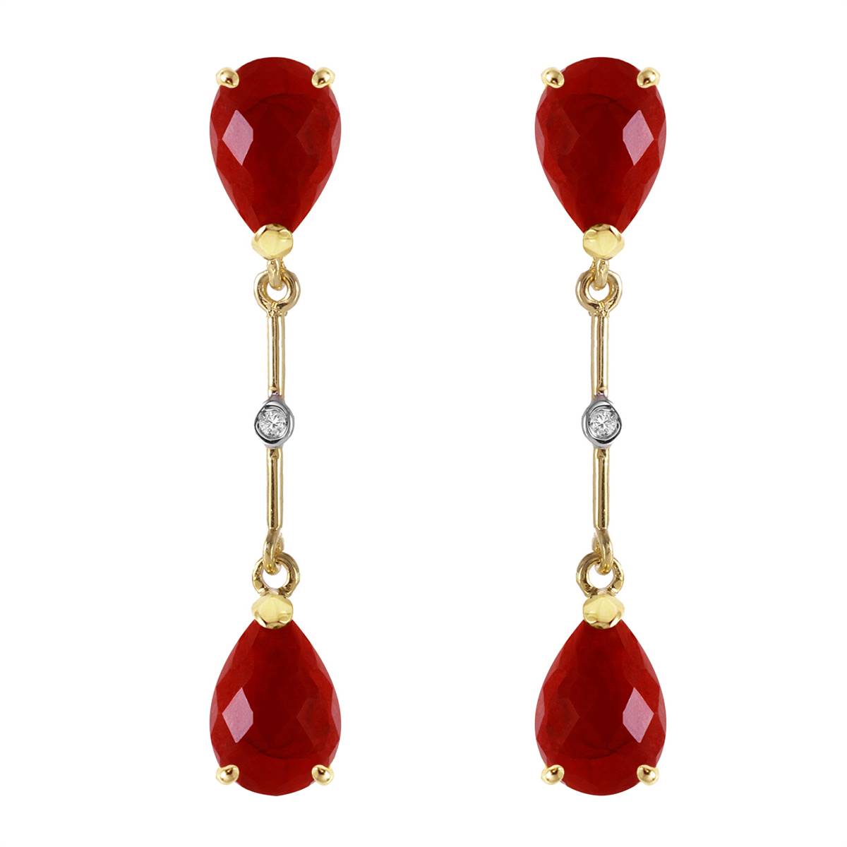 14K Solid Yellow Gold Diamonds & Rubies Dangling Earrings