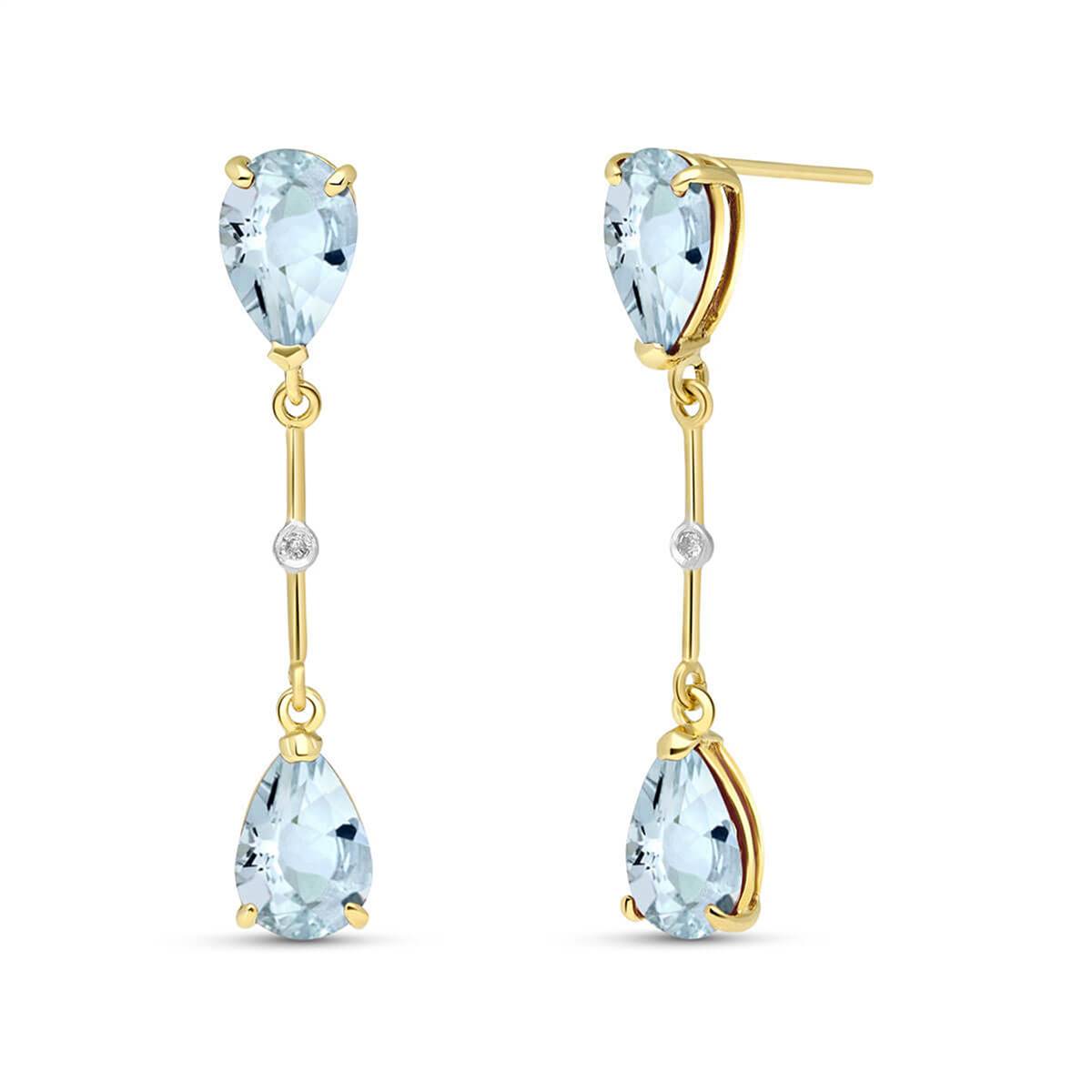 14K Solid Yellow Gold Diamonds & Aquamarines Dangling Earrings