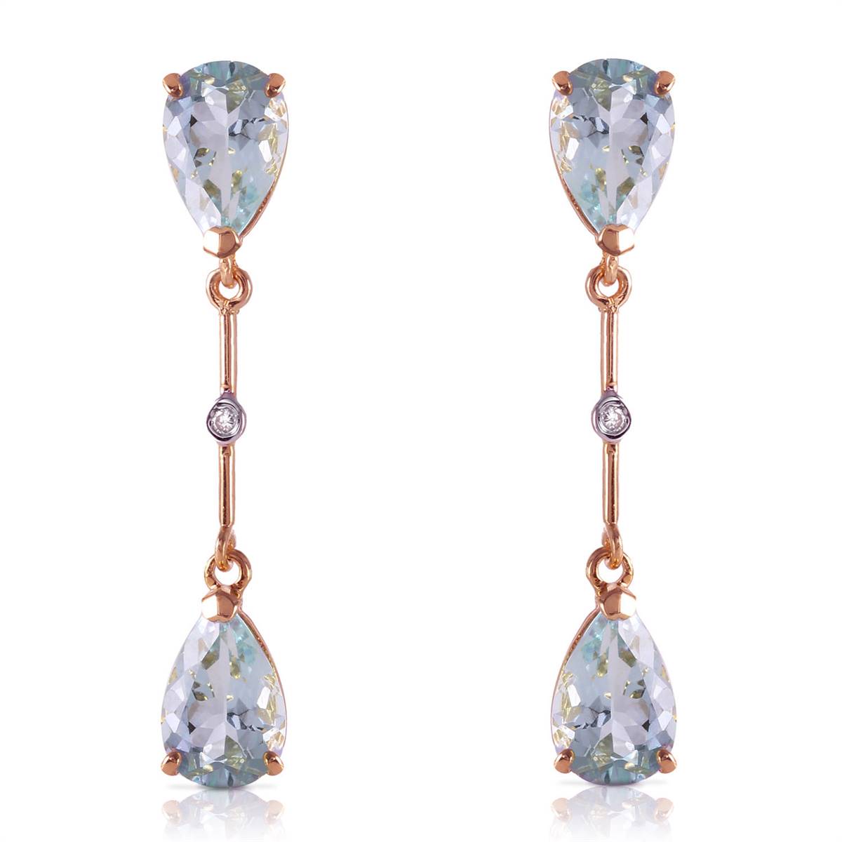 14K Solid Rose Gold Diamonds & Aquamarines Dangling Earrings