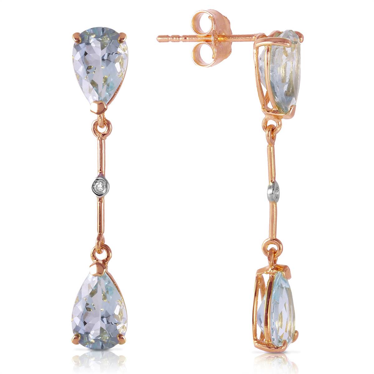 14K Solid Rose Gold Diamonds & Aquamarines Dangling Earrings