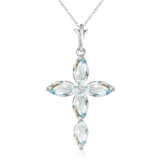 14K Solid White Gold Necklace w/ Natural Diamond & Aquamarines