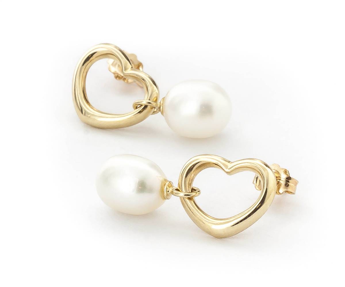 14K Solid Yellow Gold Heart Earrings w/ Dangling Natural Pearls