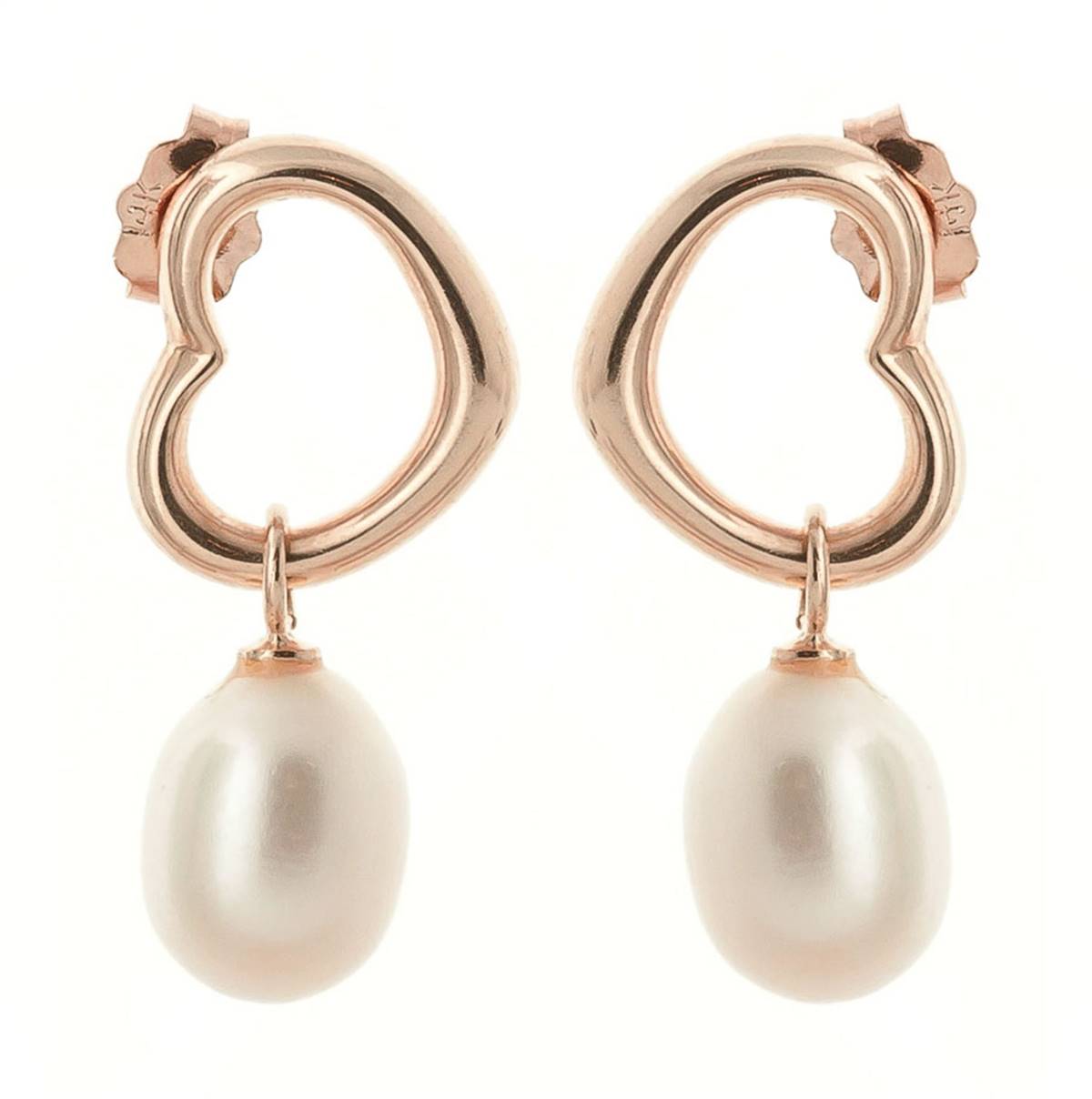 14K Solid Rose Gold Heart Earrings w/ Dangling Natural Pearls