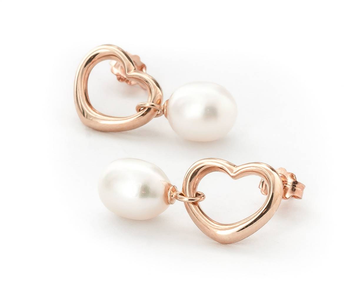 14K Solid Rose Gold Heart Earrings w/ Dangling Natural Pearls