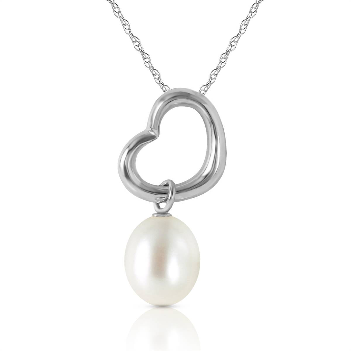 14K Solid White Gold Heart Necklace w/ Dangling Natural Pearl