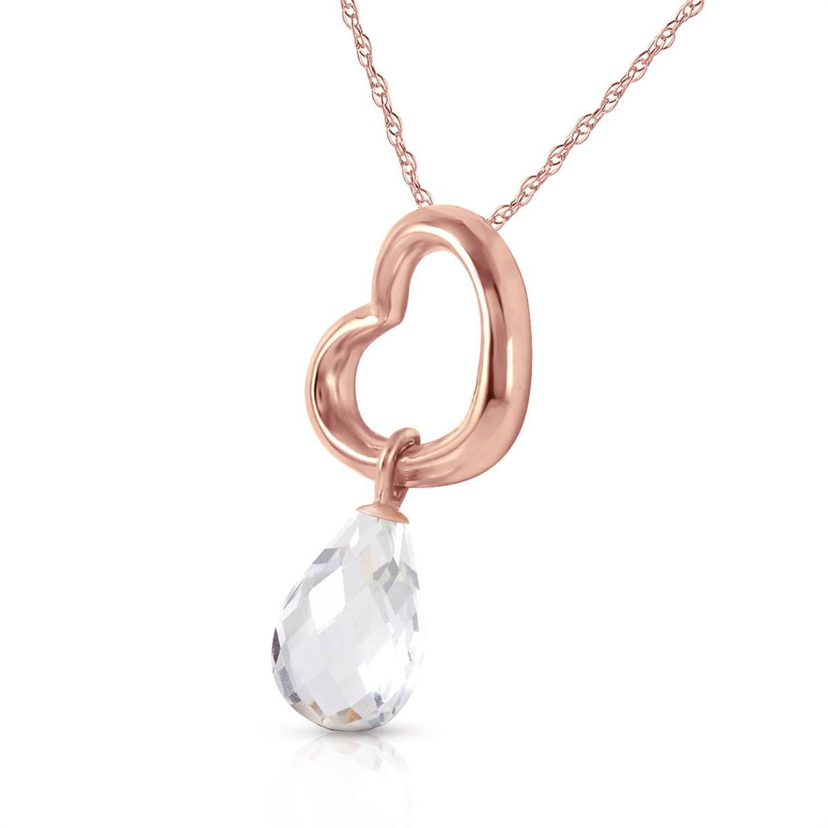 14K Solid Rose Gold Heart Necklace w/ Dangling Natural White Topaz
