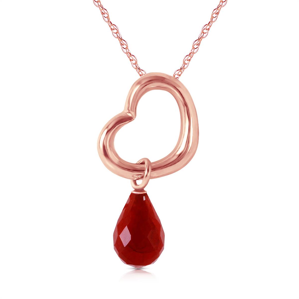 14K Solid Rose Gold Heart Necklace w/ Dangling Natural Ruby