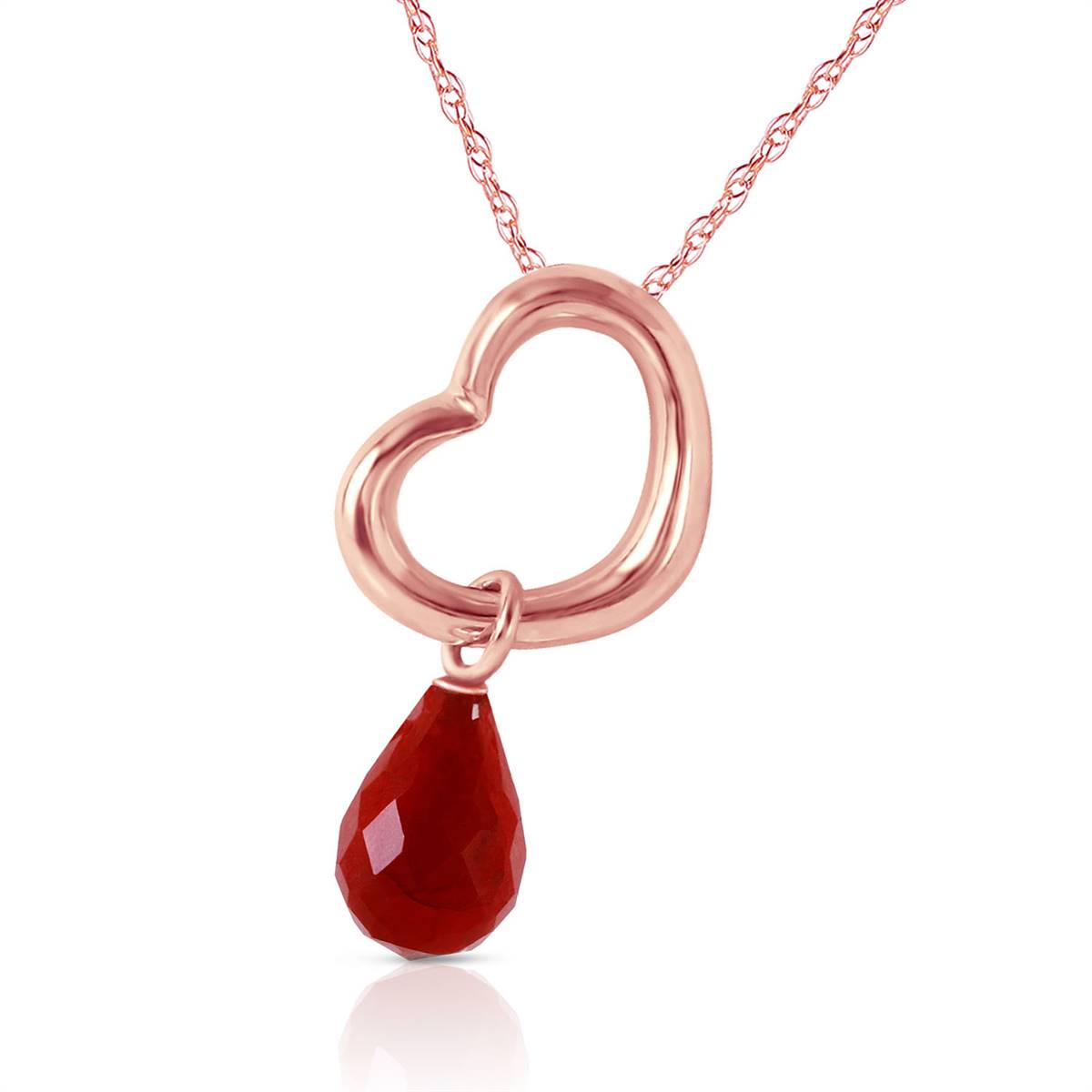 14K Solid Rose Gold Heart Necklace w/ Dangling Natural Ruby